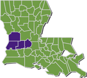 A map of Louisiana with the Beauregard, Allen, Vernon, and Evangeline parishes highlighted in purple.